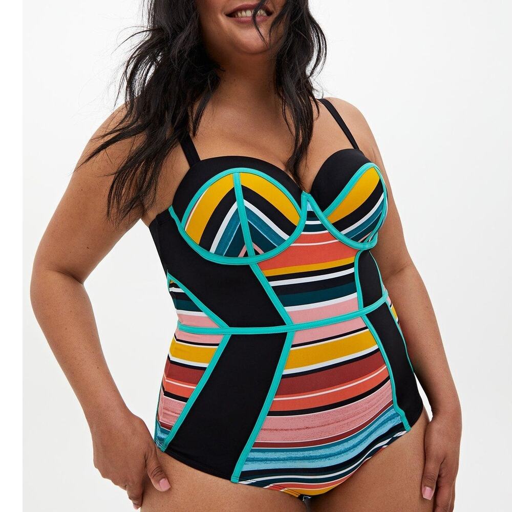 New Torrid 3 (3X 22/24) One Piece Slim Fix Underwire Padded Striped Swimsuit - Picture 2 of 4